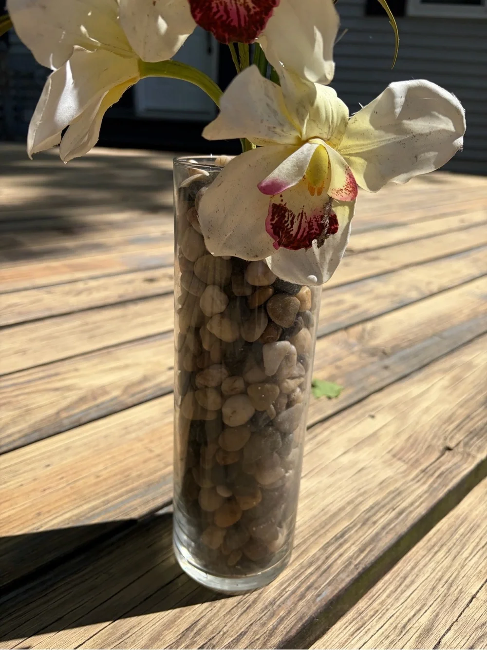 White Orchid Artificial Arrangement in Glass Vase with River Rocks